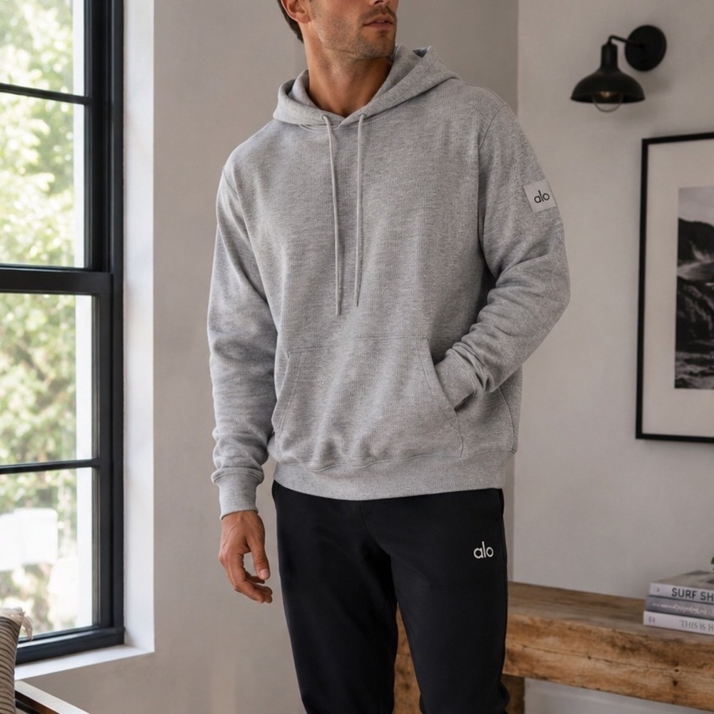 Alo Yoga Men's Gray Waffle Knit Lightweight Hoodie Pullover Size Medium